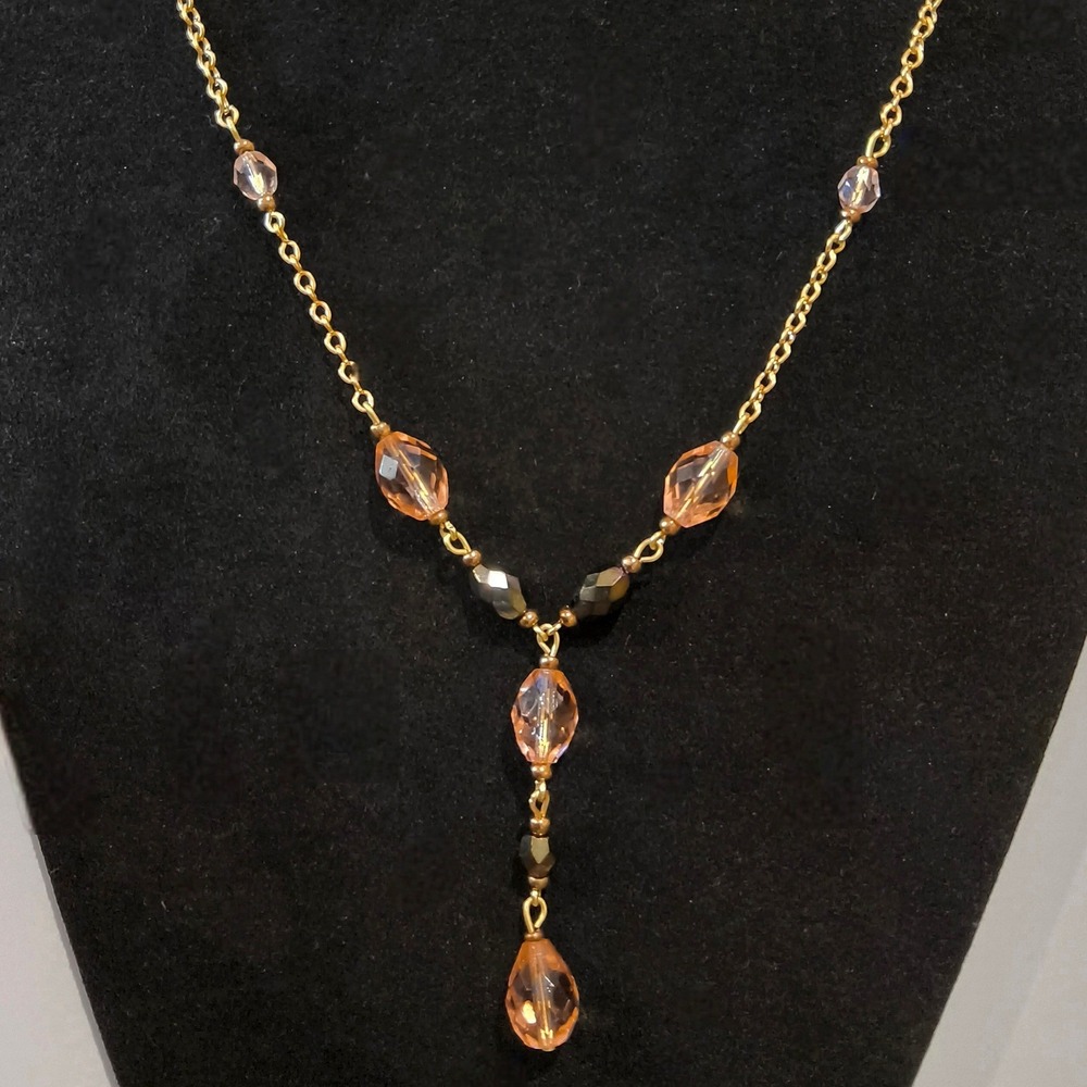 Vintage Czech Bohemian Style Peach/Smoky Dark Gray Glass Y Drop Station Necklace